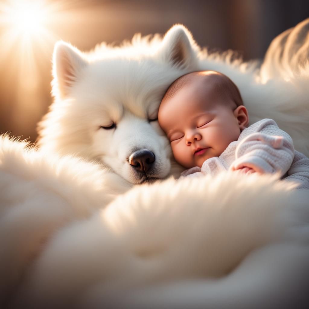 Pixar style Samoyed and human baby are cuddling and sleeping