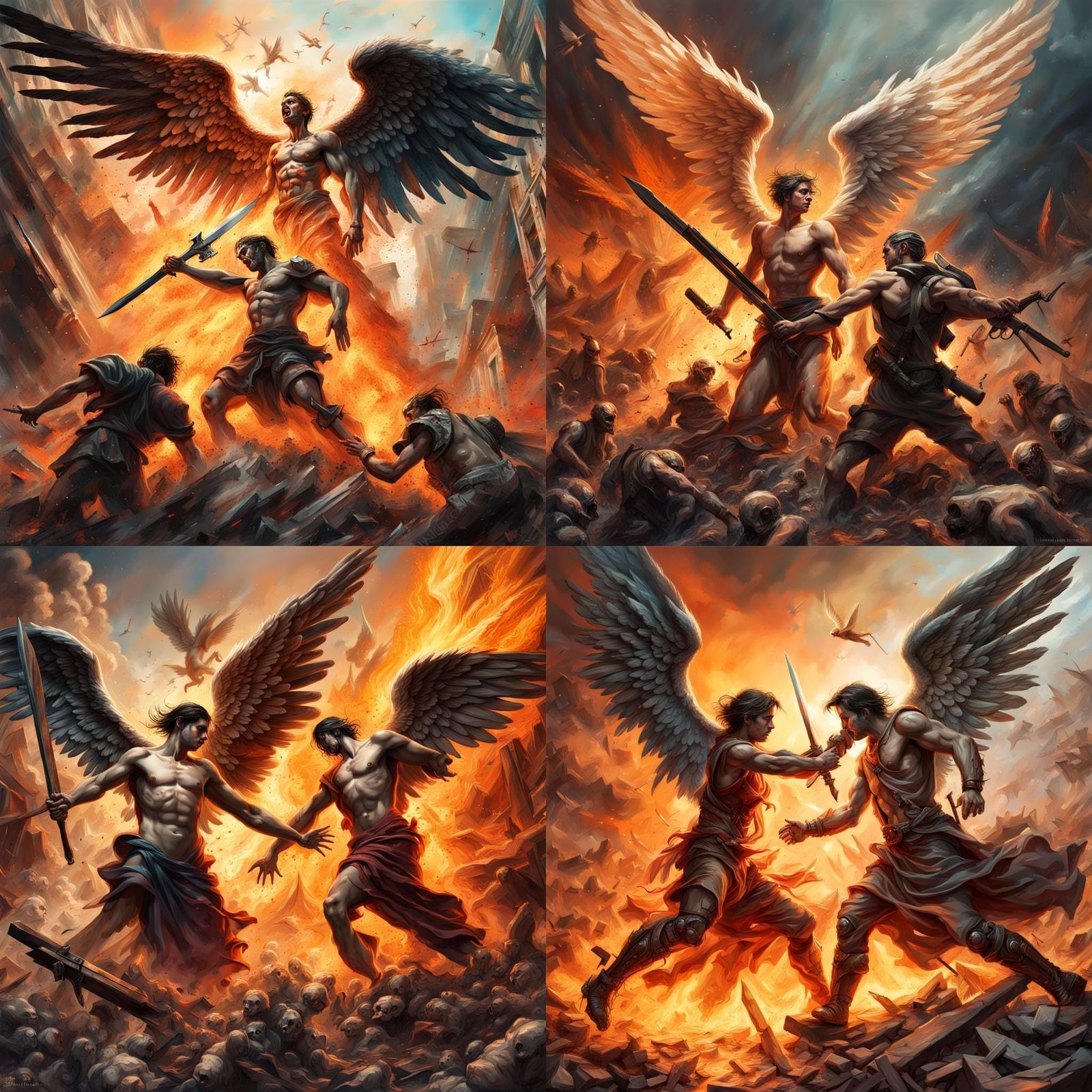 Angels fighting demons in a war torn world on the day of apo...