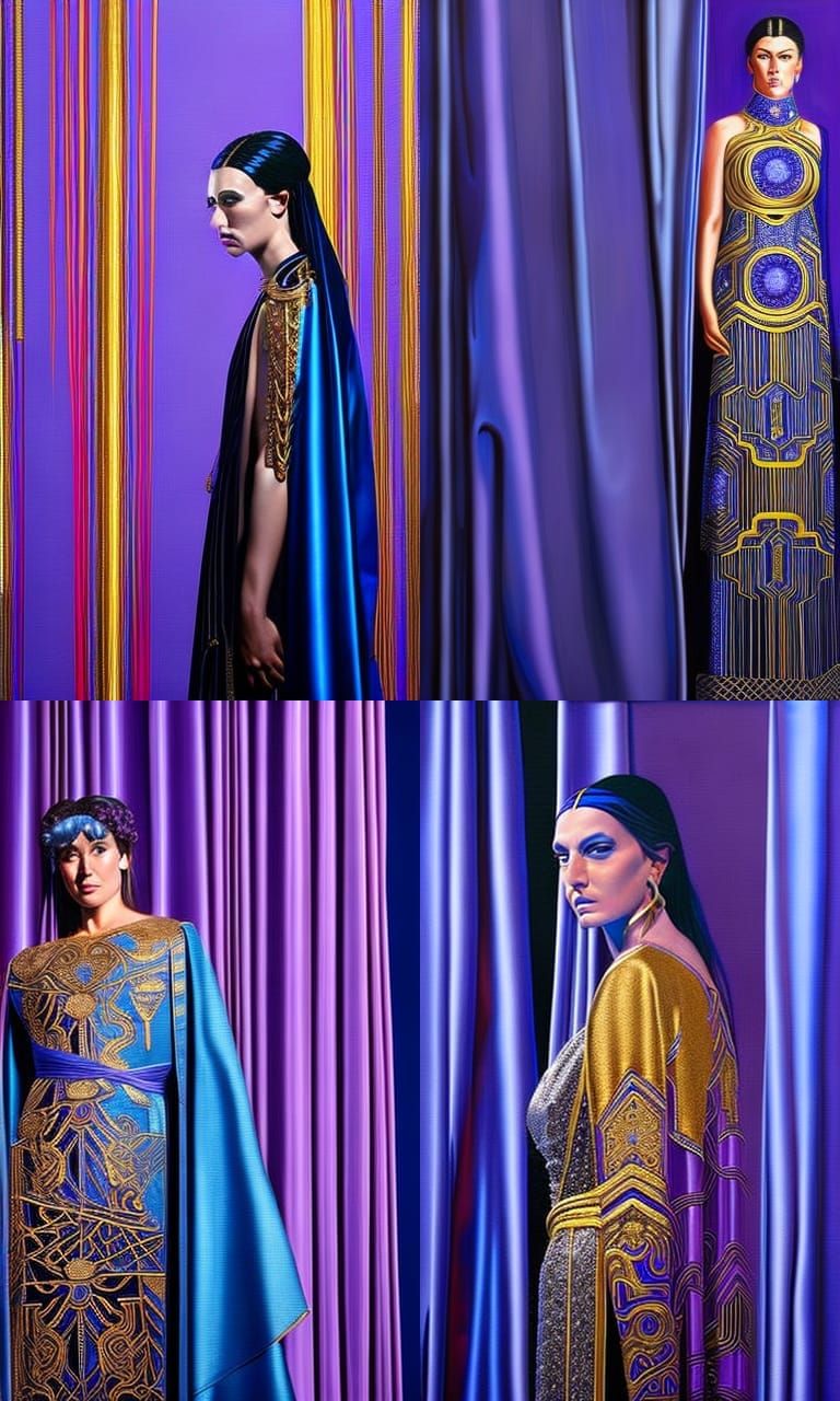 Cyberpunk Isadora Duncan on stage, her blue robe covered in ...