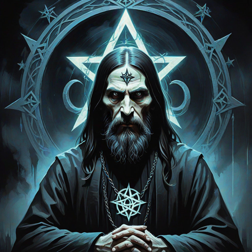 Dark Art Portrait of Rasputin Monk in Luminous Evil Pentagra...
