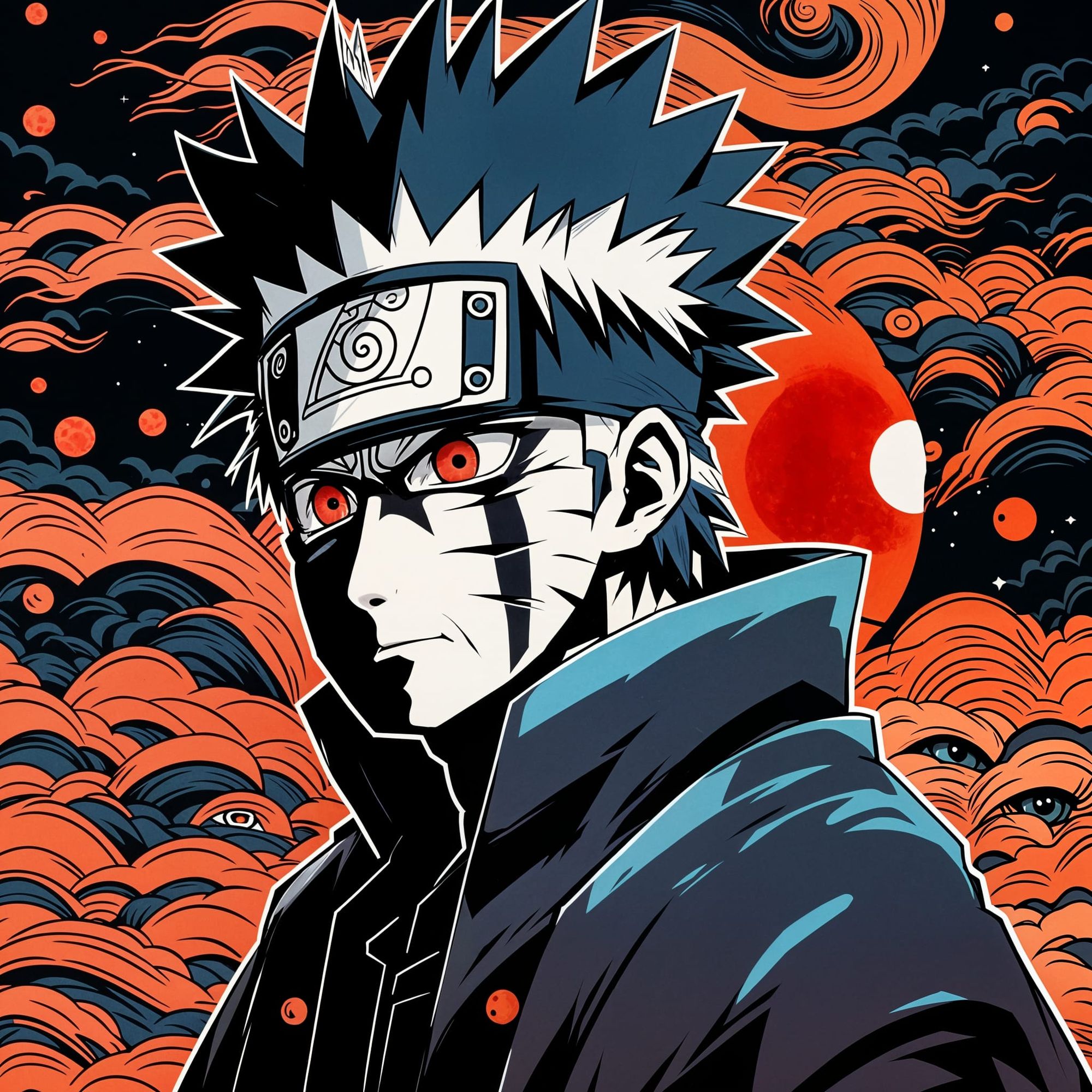 Obito uchiha looking at red small moon detailed colour 