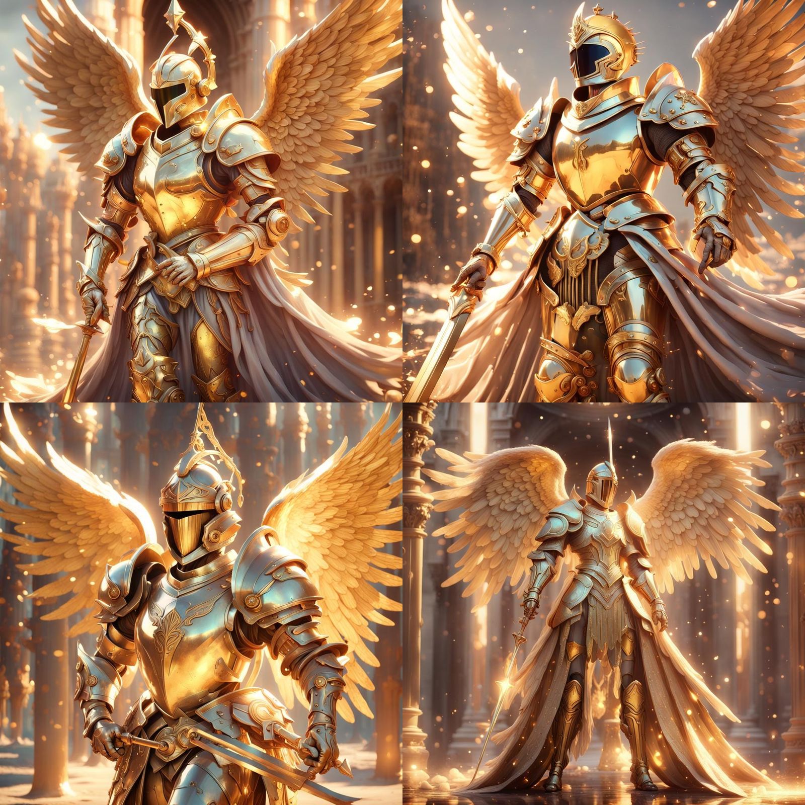 an angel knight with gold shining armor, Enchanting, Art Hoe, Golden