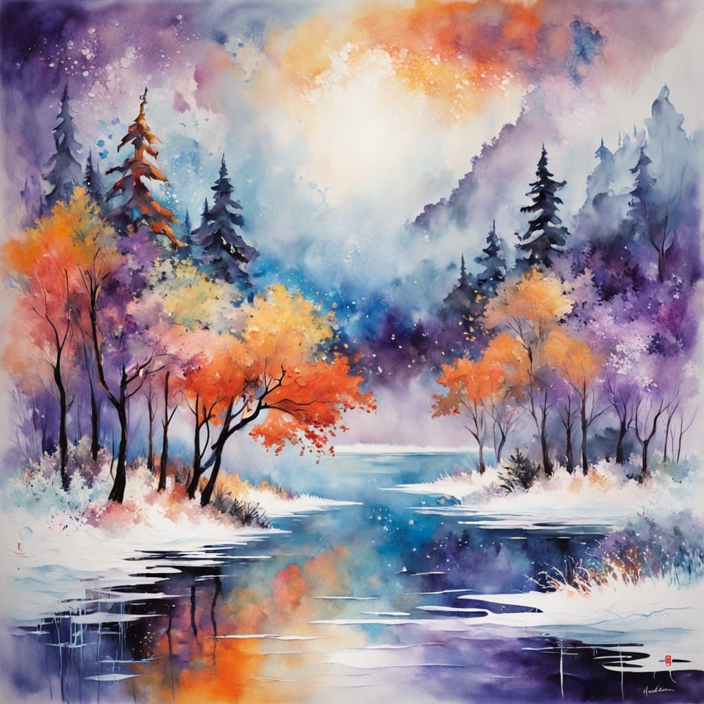 Dreamy Snowy Lake Scene in Impressionist Watercolor Style