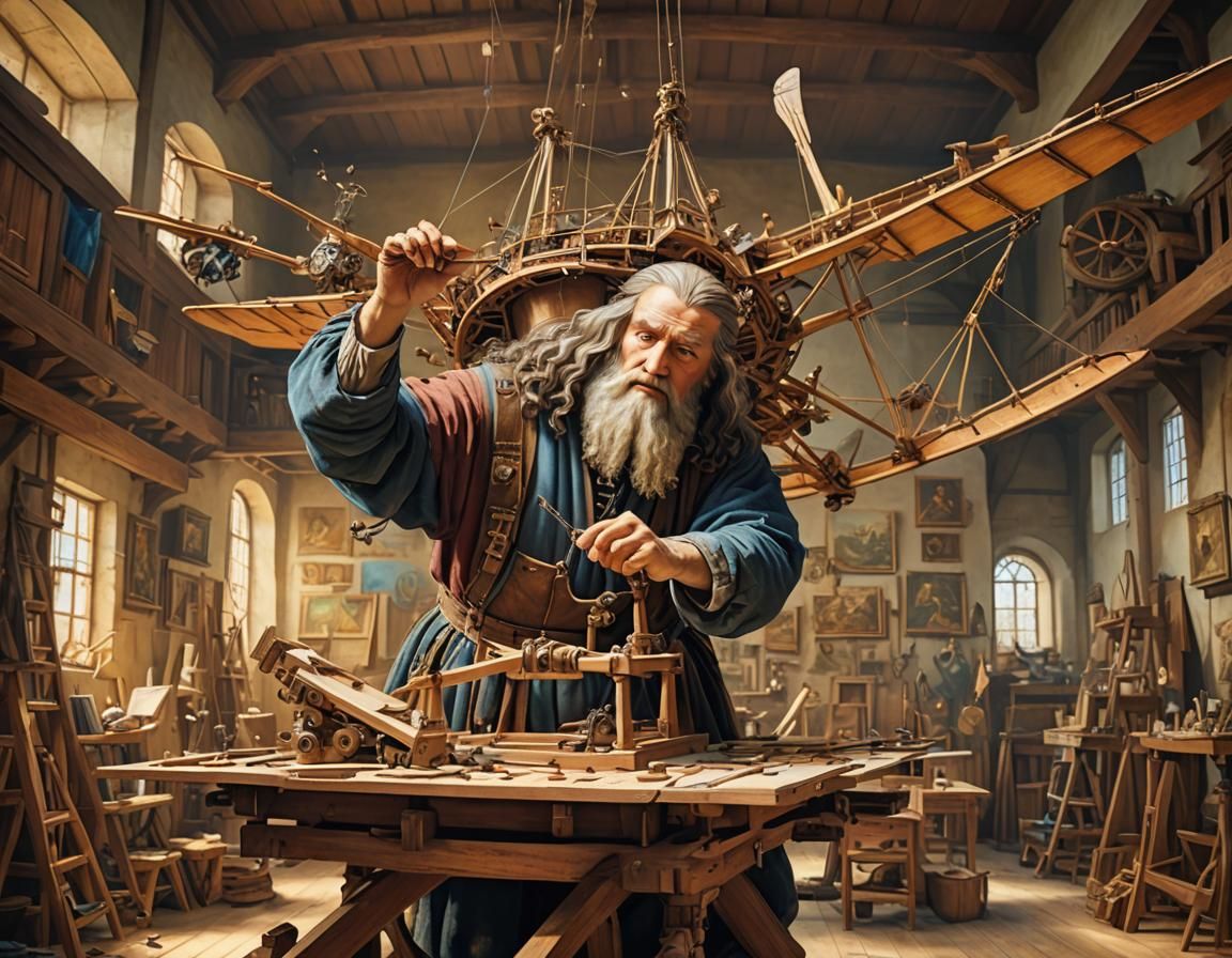 Leonardo Da Vinci constructing his flying machine in a Renaissance studio  by @Runway Lights 