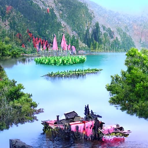 a lake running through a small forest village