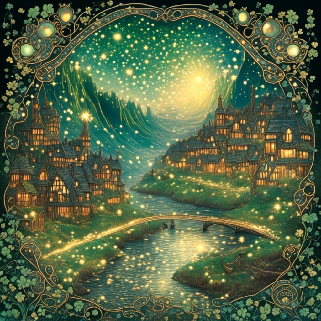 St Patrick’s day themed Irish town Detailed 1800s storybook illustration <lora:1800 Storybook:1.0> with shamrocks and rainbows on cold-press...