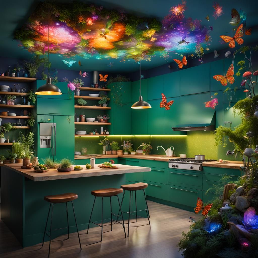 Whimsical Kitchen Office with Bioluminescent Butterflies