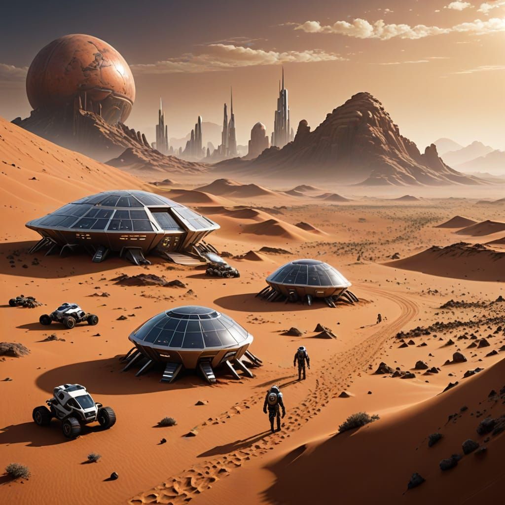 "A hybrid of a futuristic city and a research outpost, with advanced AI systems managing resource allocation and energy grids," "A scene of ...