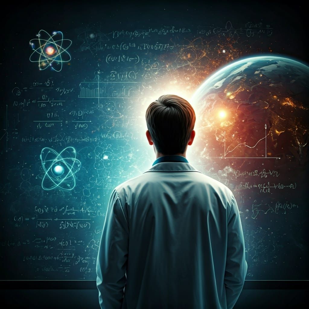 Contemplative Scientist Amidst Equations and 3D Visuals