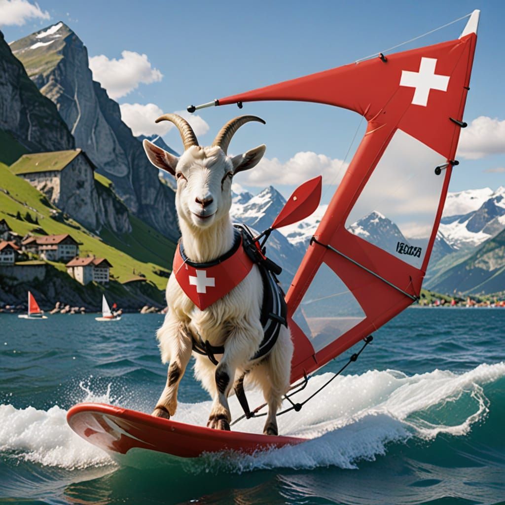 A goat windsurfing in cheese wave. Swiss flag on sail. Playful, cute.
   by @GISnight Maypole