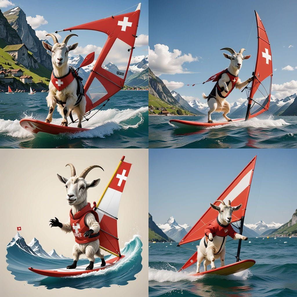 A goat windsurfing in cheese wave. Swiss flag on sail. Playful, cute.