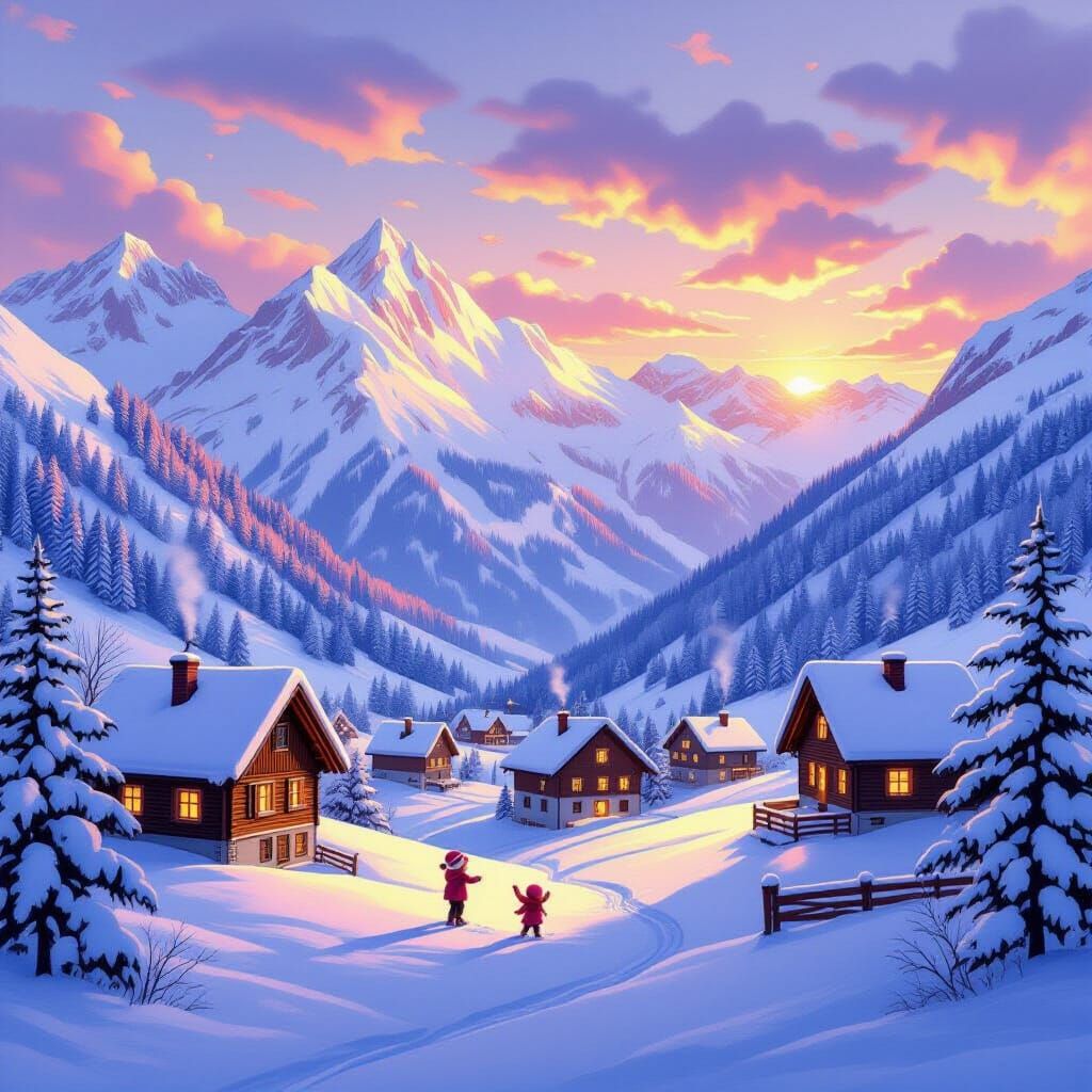 Snowy Alps Village at Sunset with Child