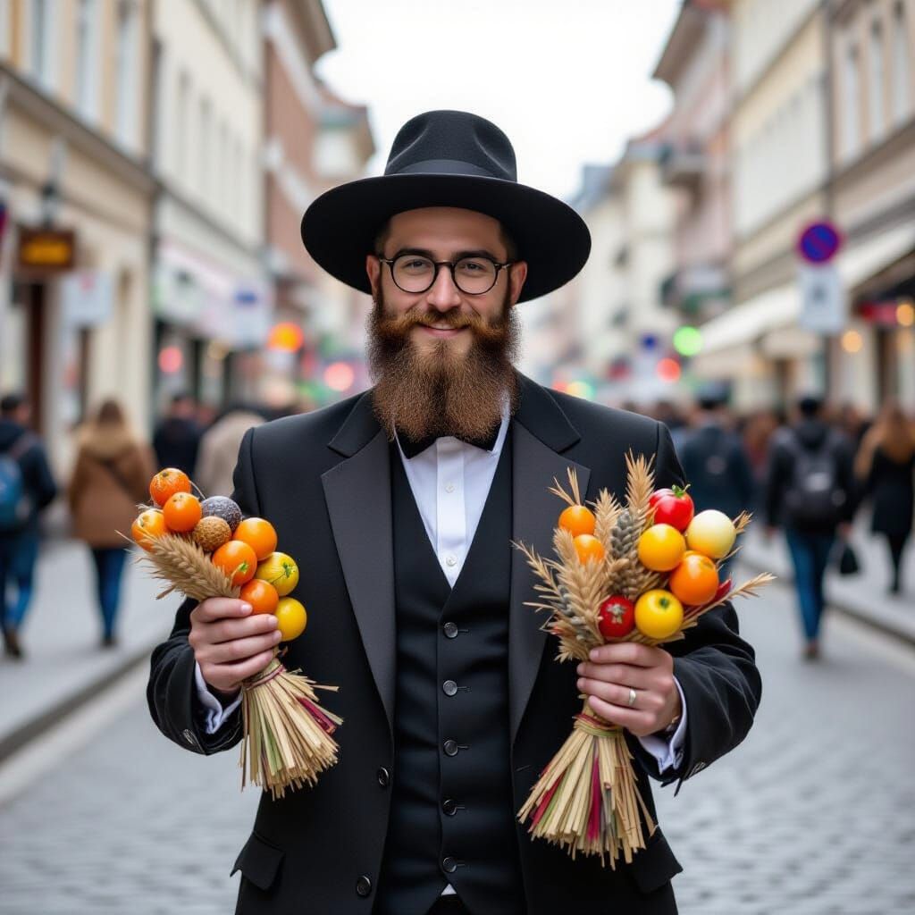 Chasidic Jew Holds Four Species for Sukkot