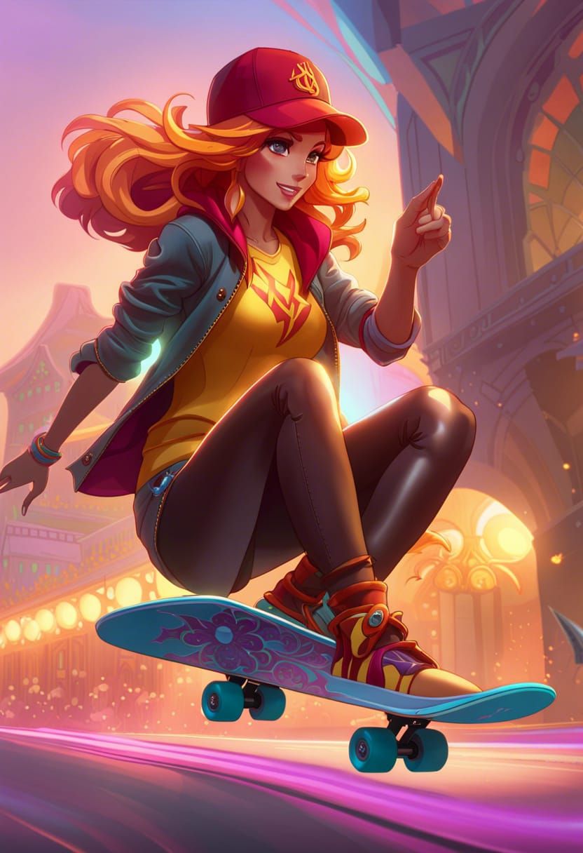 Sunset Shimmer riding a skateboard! 8k resolution concept ar...