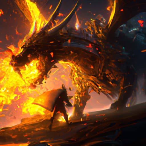 knight in flaming armor charging a dragon