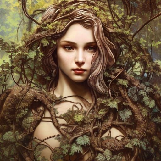 Stone Statue of a woman  covered in vines, reclaimed by natu...