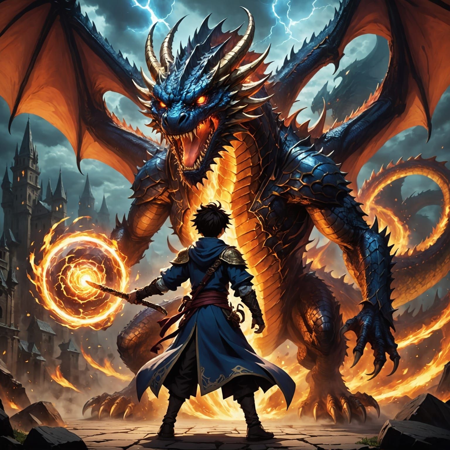 A young anime mage summoning a colossal, glowing dragon spirit to fight against a shadowy demonic entity. ...  by @Catportal