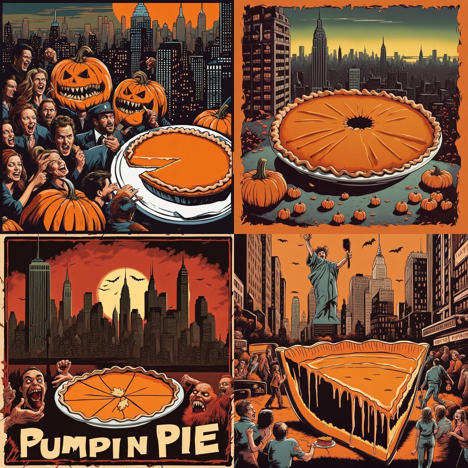 Giant pumpkin pie with razor sharp teeth eating people in New York City ...