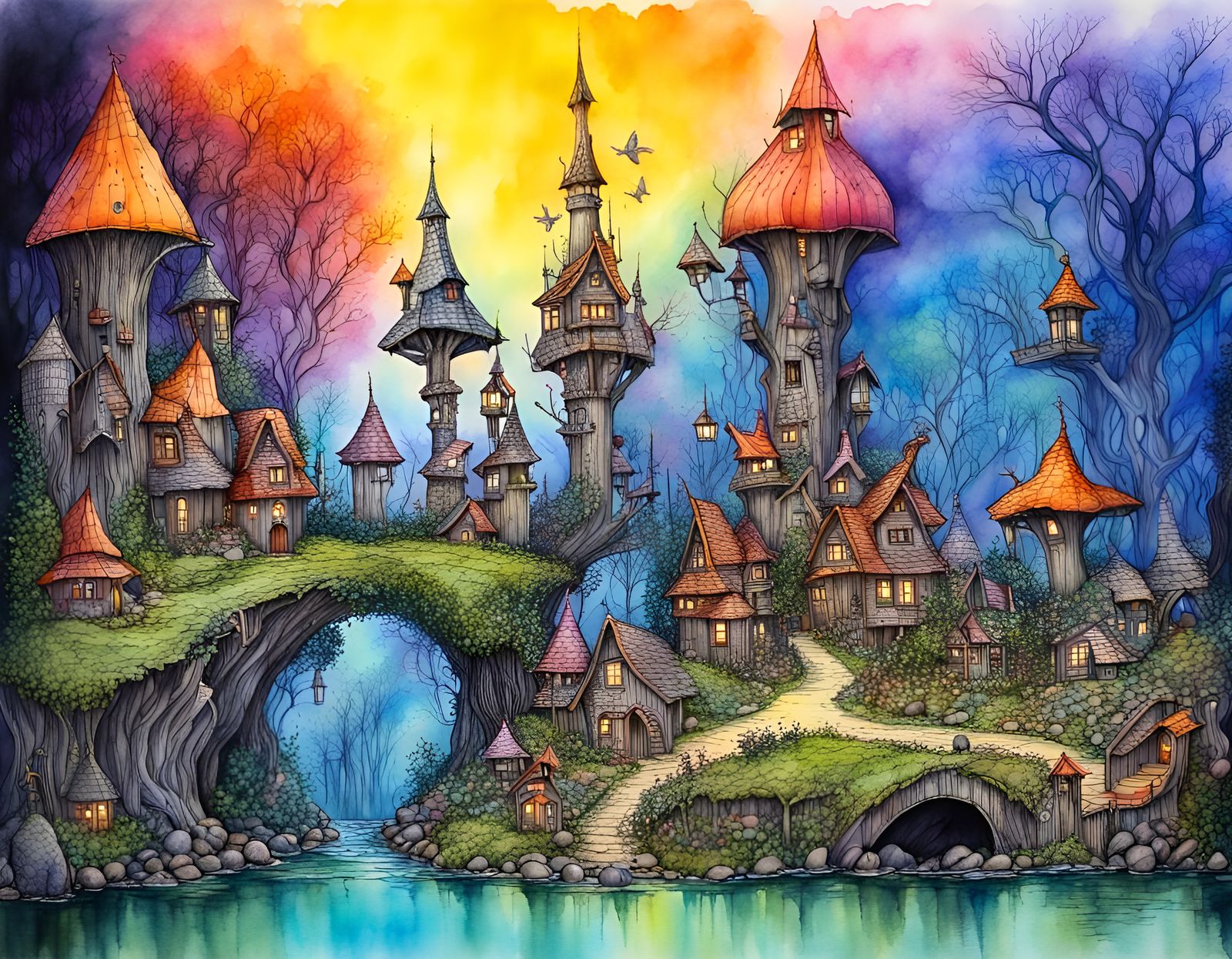 Fantasy fairy village, Hyperrealistic, hyperdetailed black p...