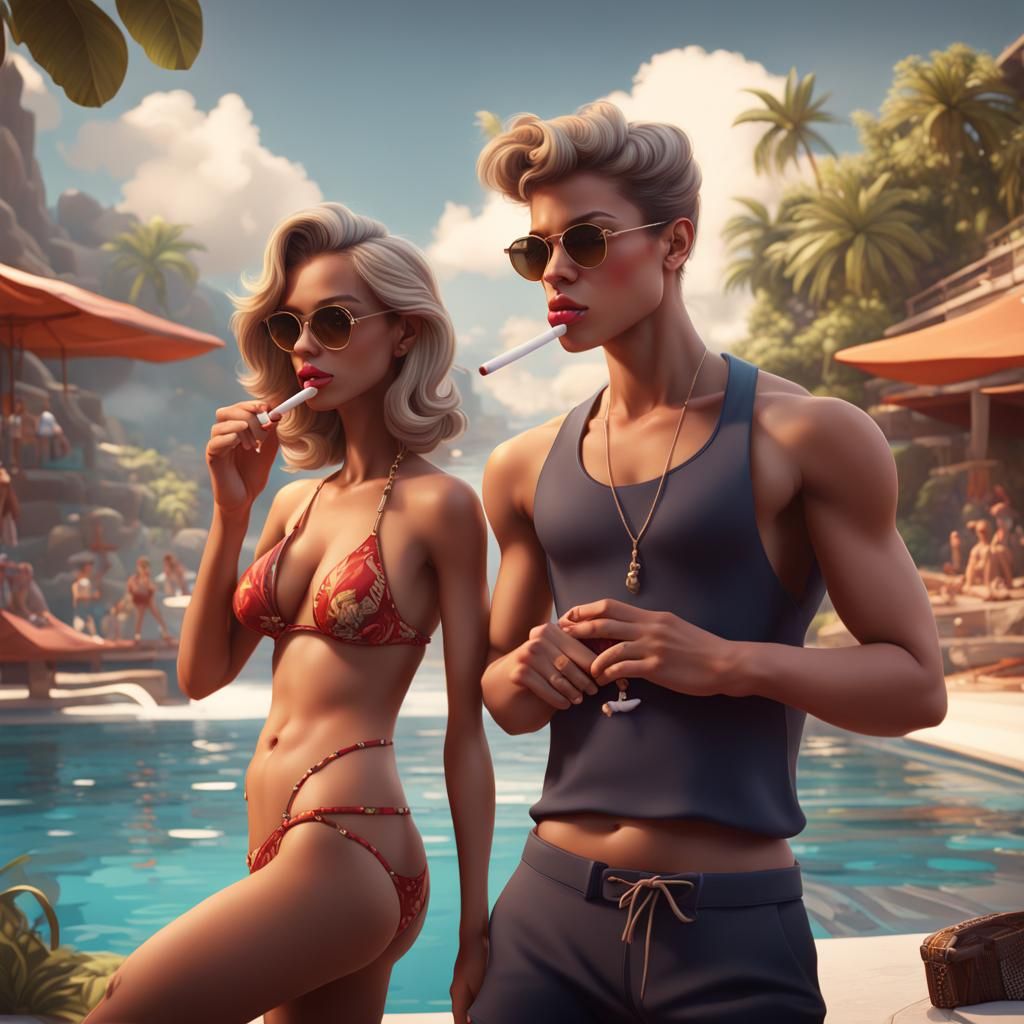 create a cartoon of two stylish boys smoking with women in b...
