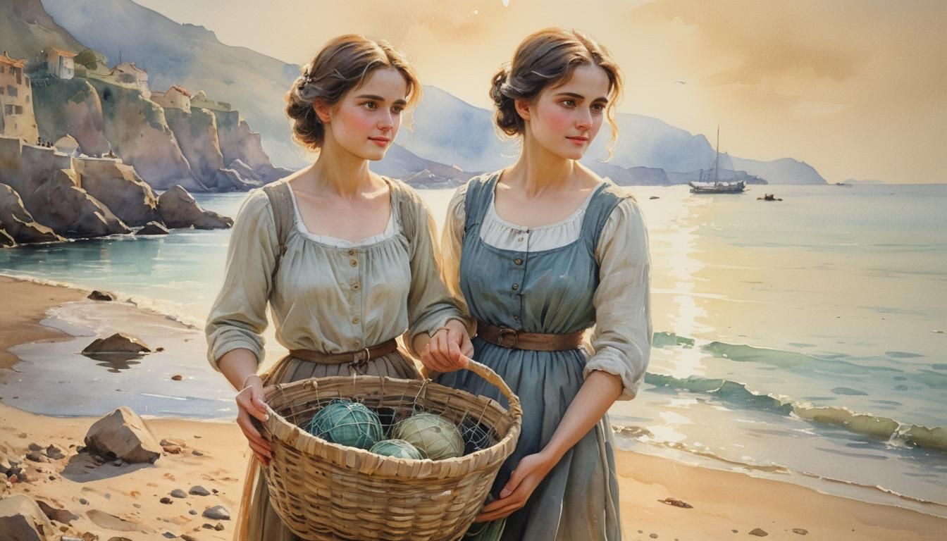 Joven Pescadora con Cesta, en 1895 Acuarela - 52,1 x 36,8 cm par FILIPPO LUDONI Pintor Italiano 1842-1908_ 