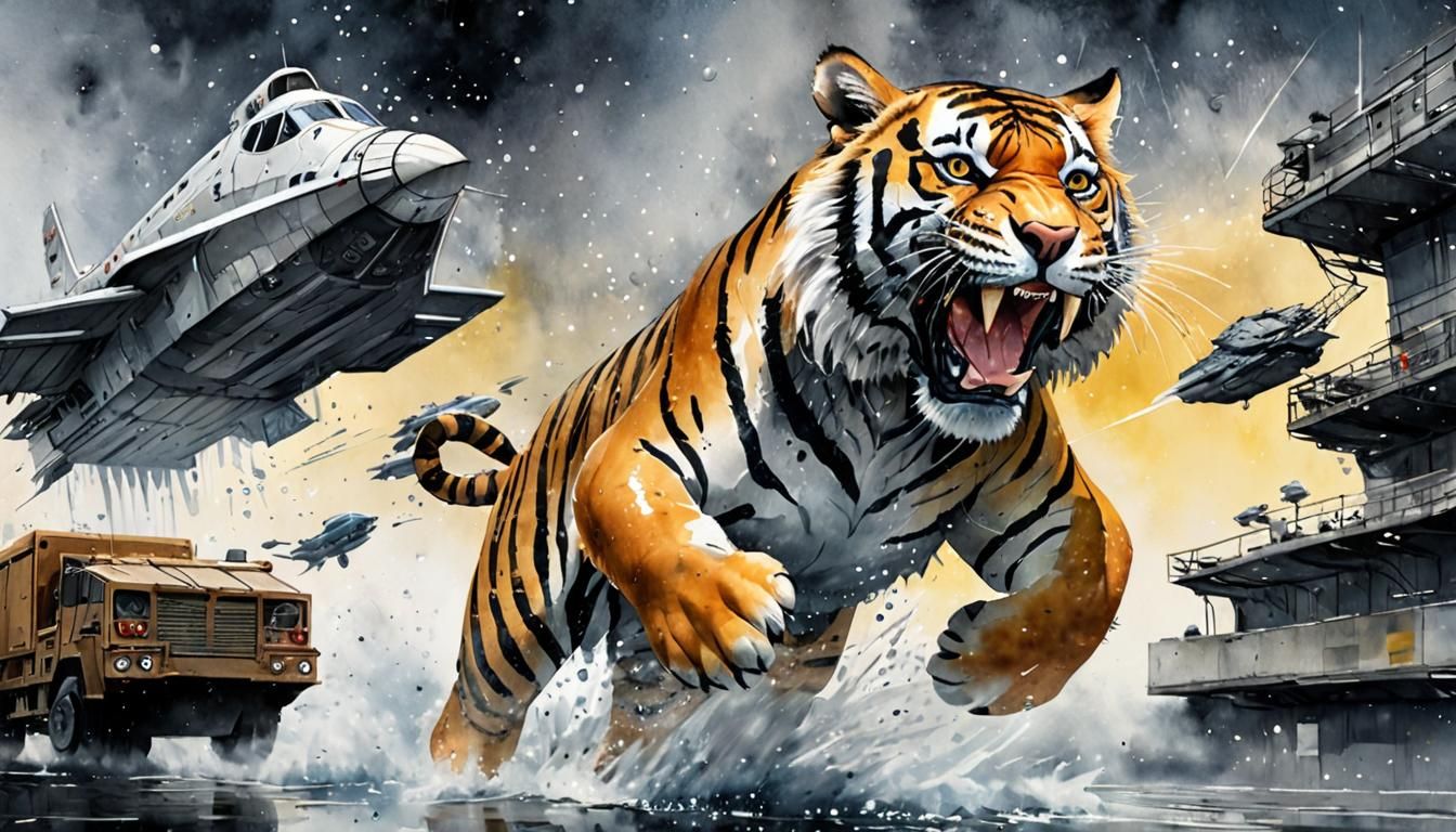 A ferocious tiger escaping a cargo spaceship!