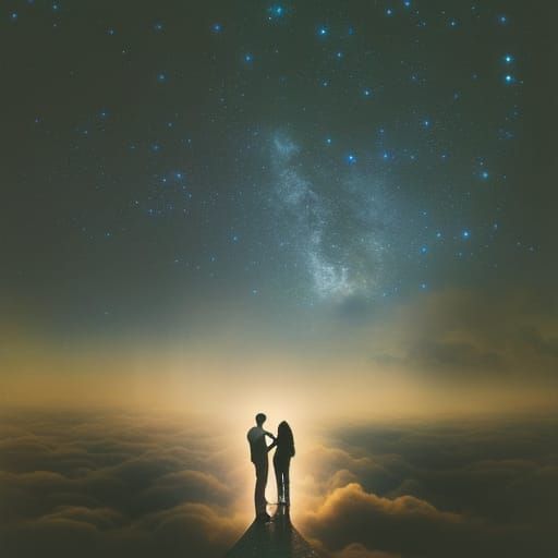 People Dancing on Clouds Under Starry Sky