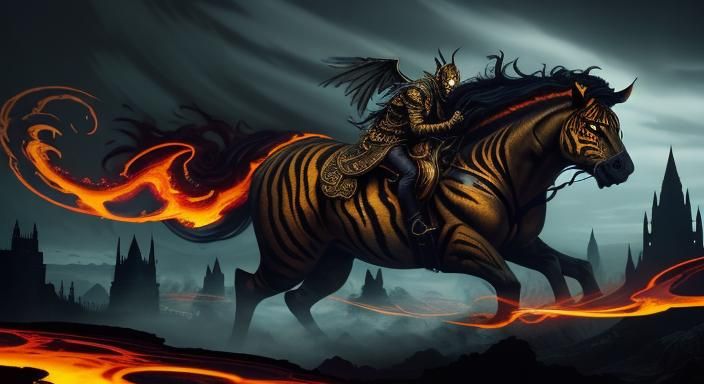 Dark fantasy concept art. Medium shot. Ghastly flying skeleton snake hybrid with glowing gold stripes and a divine aura descends into a hell...