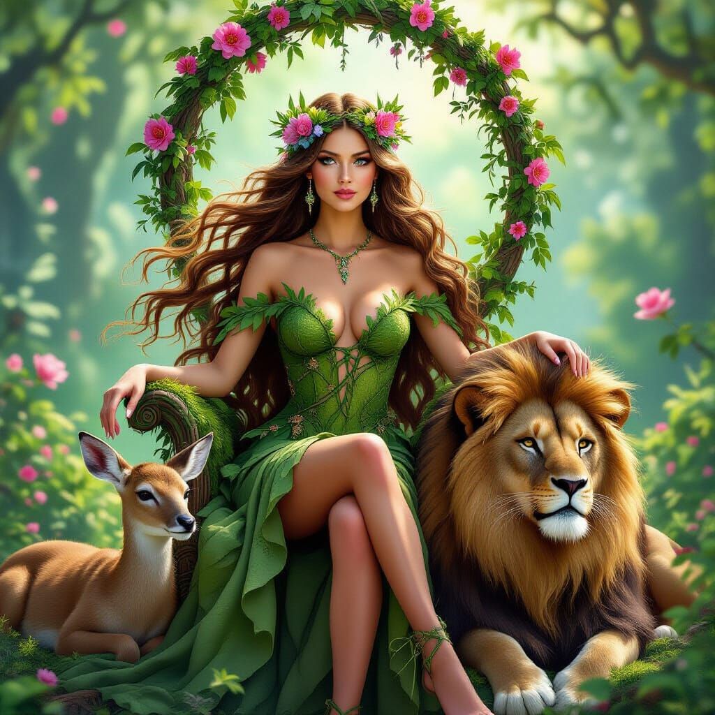 Majestic nature fairy queen with long green leafy hair wearing a short green mossy dress and a flower ...  by @Lexi 