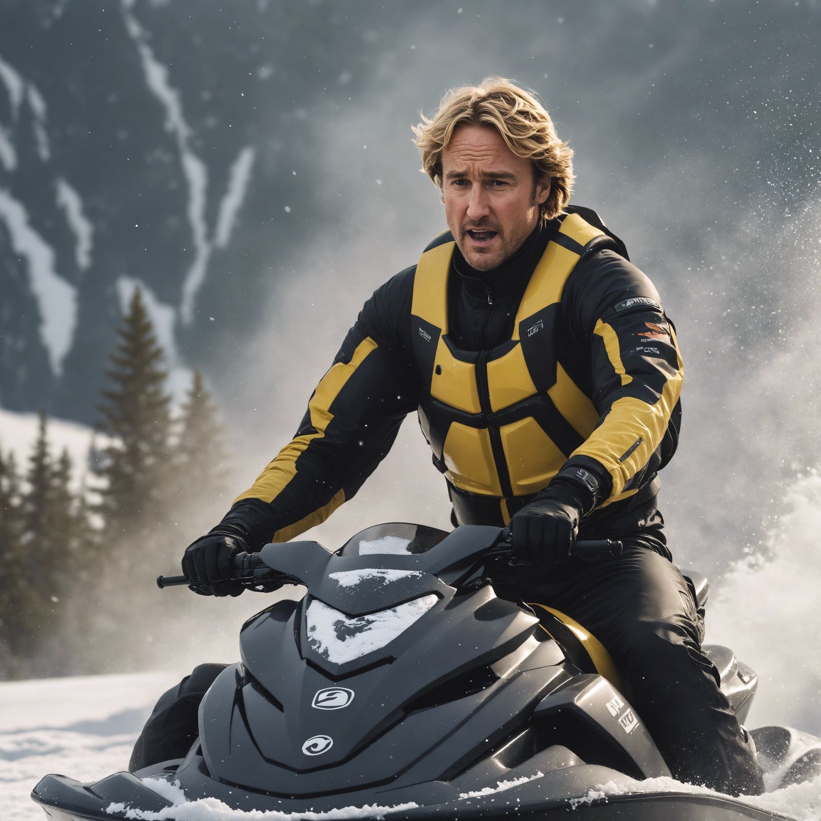 Owen Wilson on a jet ski riding in the snow