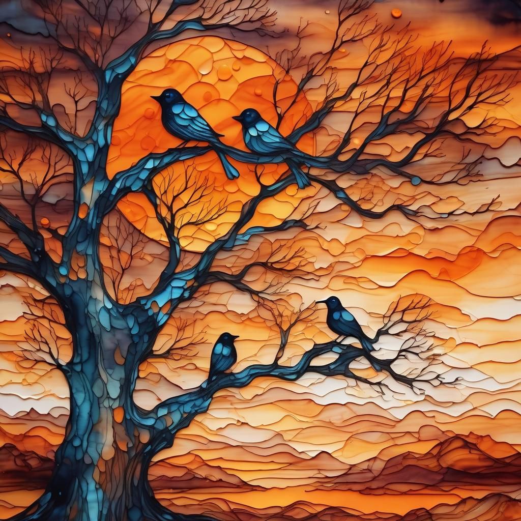 Background alcohol ink painting, orange hues , birds sitting in the a dead tree in style of romanticism ...  by @Jen