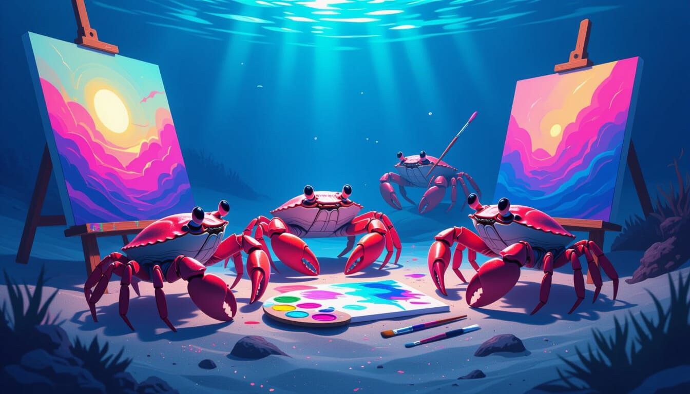 A bizarre scene: a group of crabs secretly painting in a secluded corner of the seabed. Each crab is busy with his own business: one mixes p...