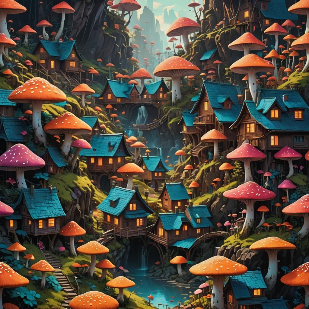 An intricate village made of psychedelic mushrooms, 3D rende...