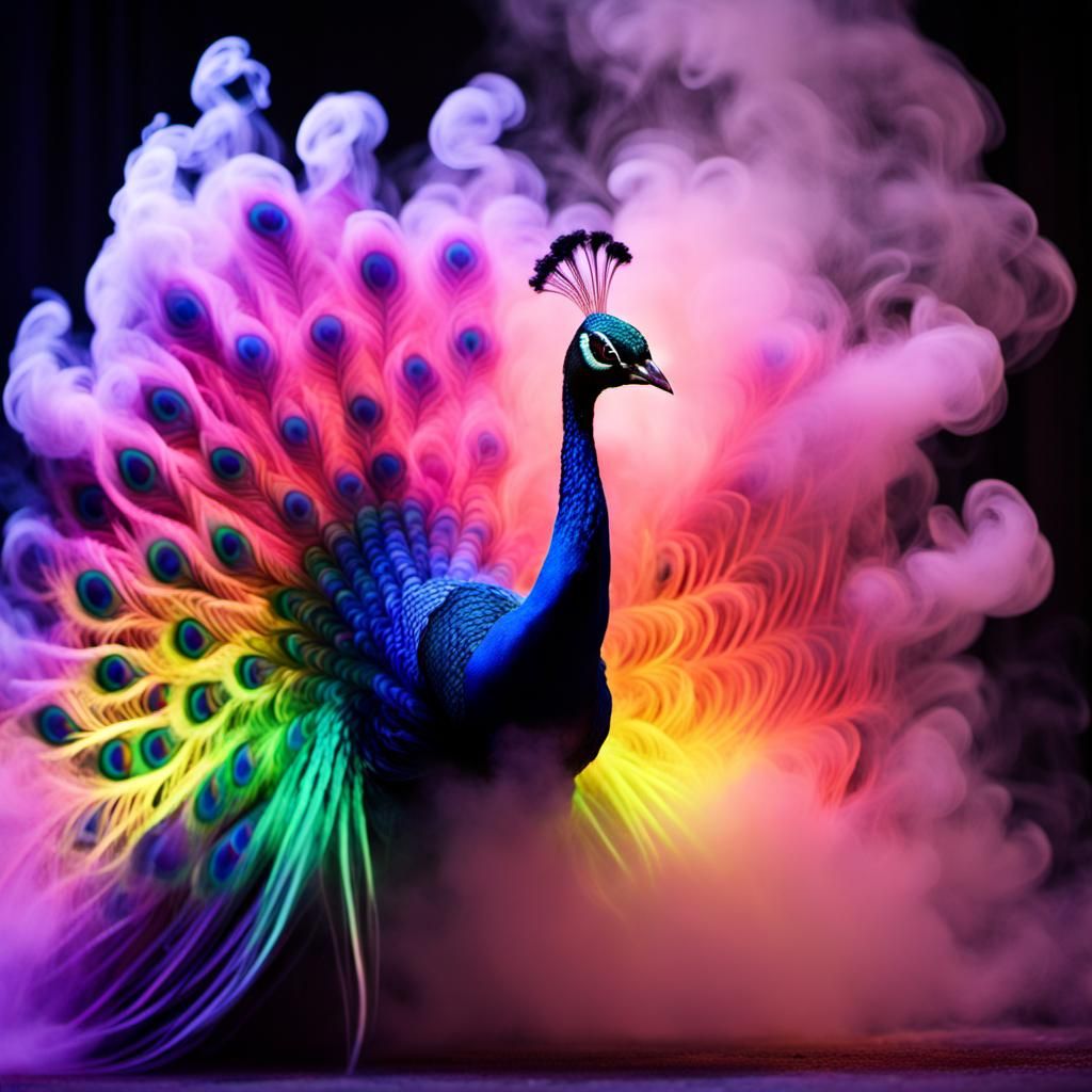 A fluorescent peacock being created from smoke made of rainbows  by @5Foot3 Marie
