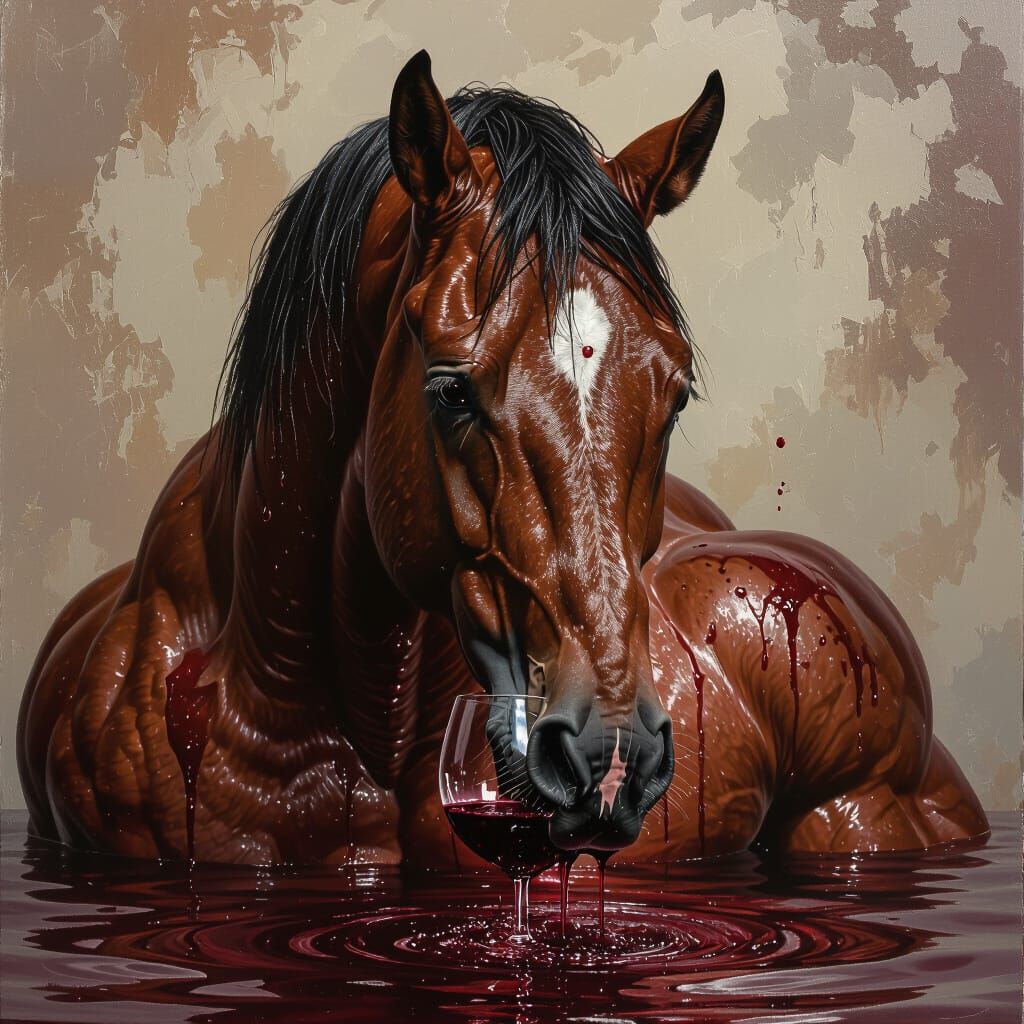 Muscular Horse Submerged in Wine, Hyperrealistic Digital Pai...