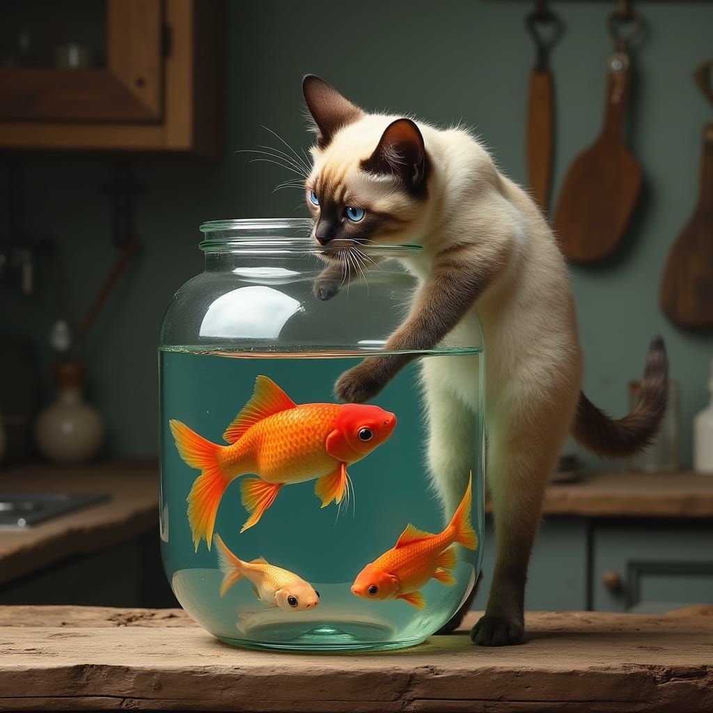 Cat in a Jar Reaching for Fish