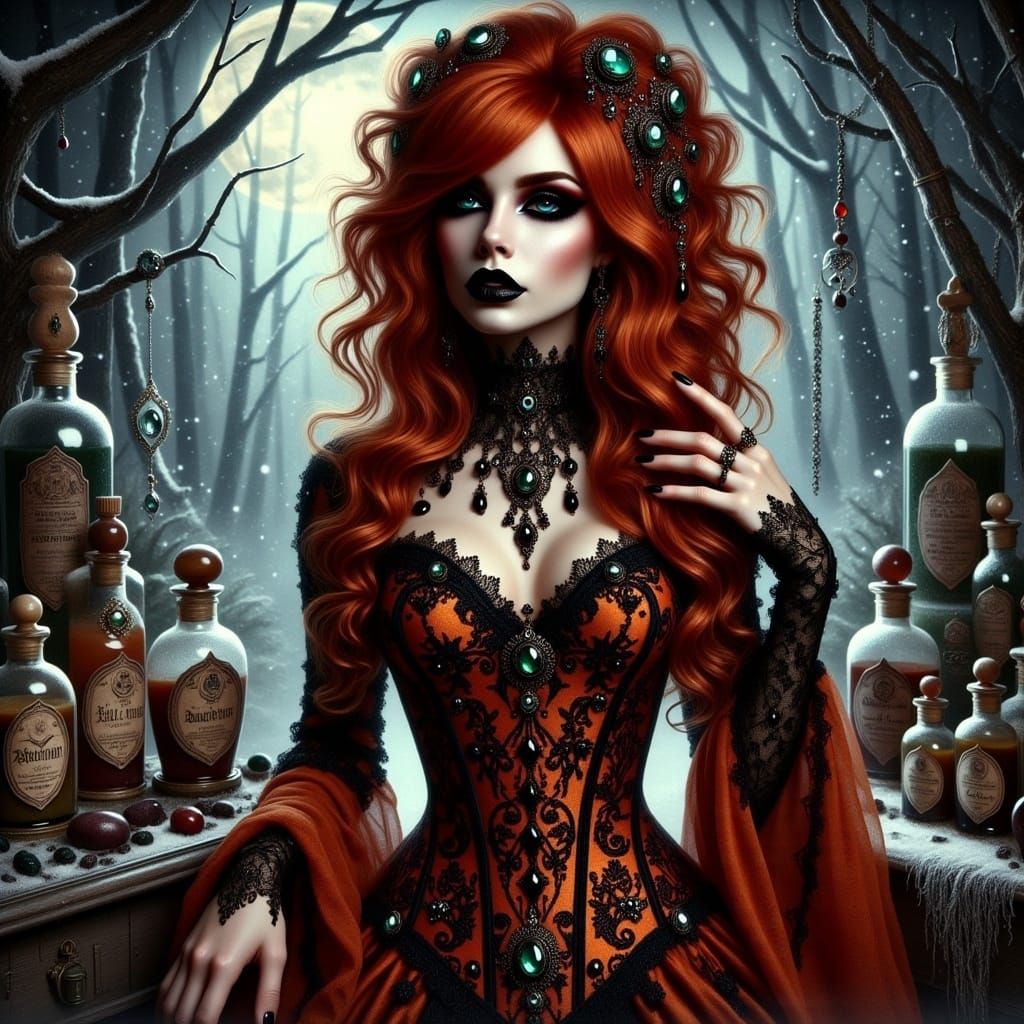 <lora:Gothic witch flux:1.0> 