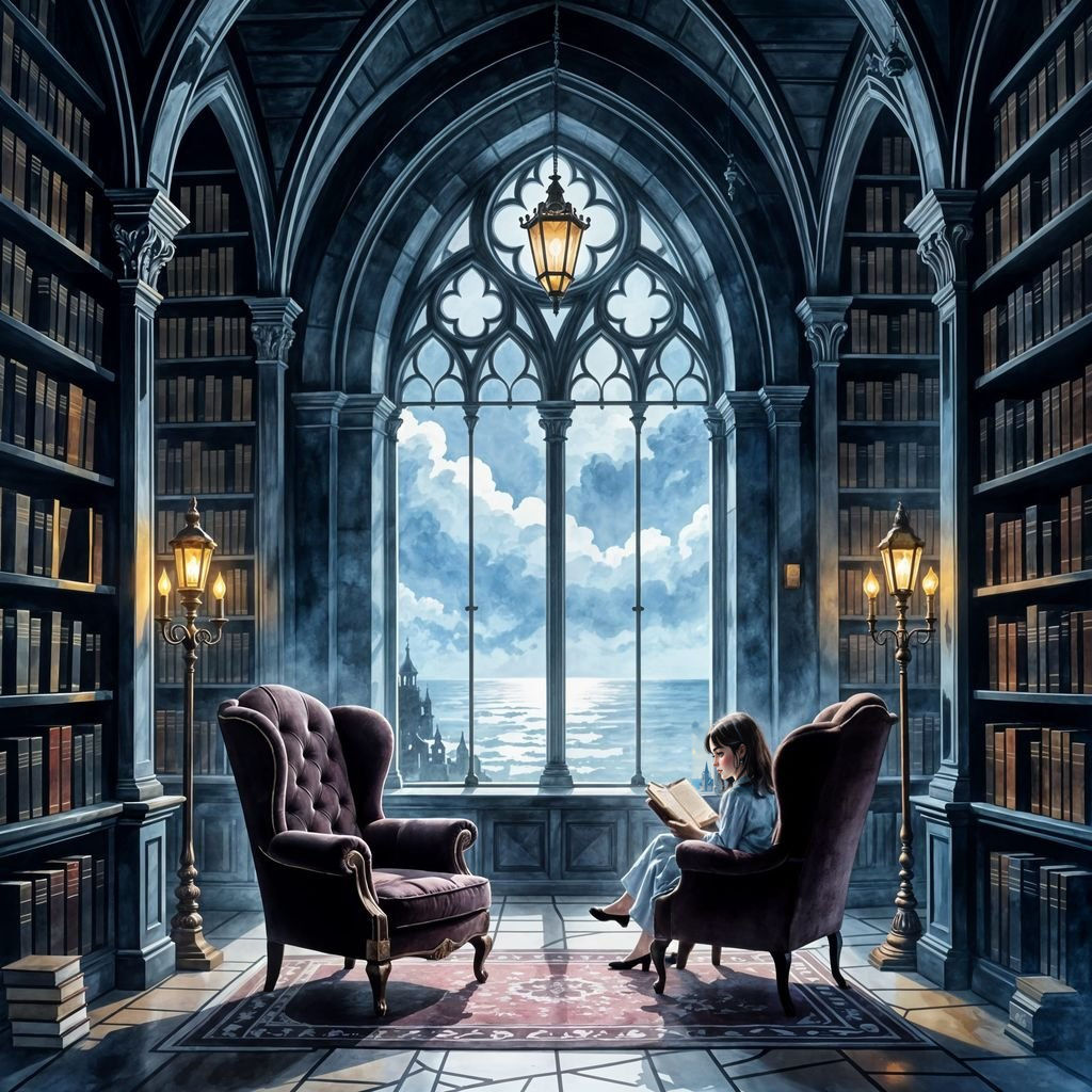A , gothic library interior, where towering bookshelves stretch into the shadows, lit by the glow of ...  by @Petra Bone
