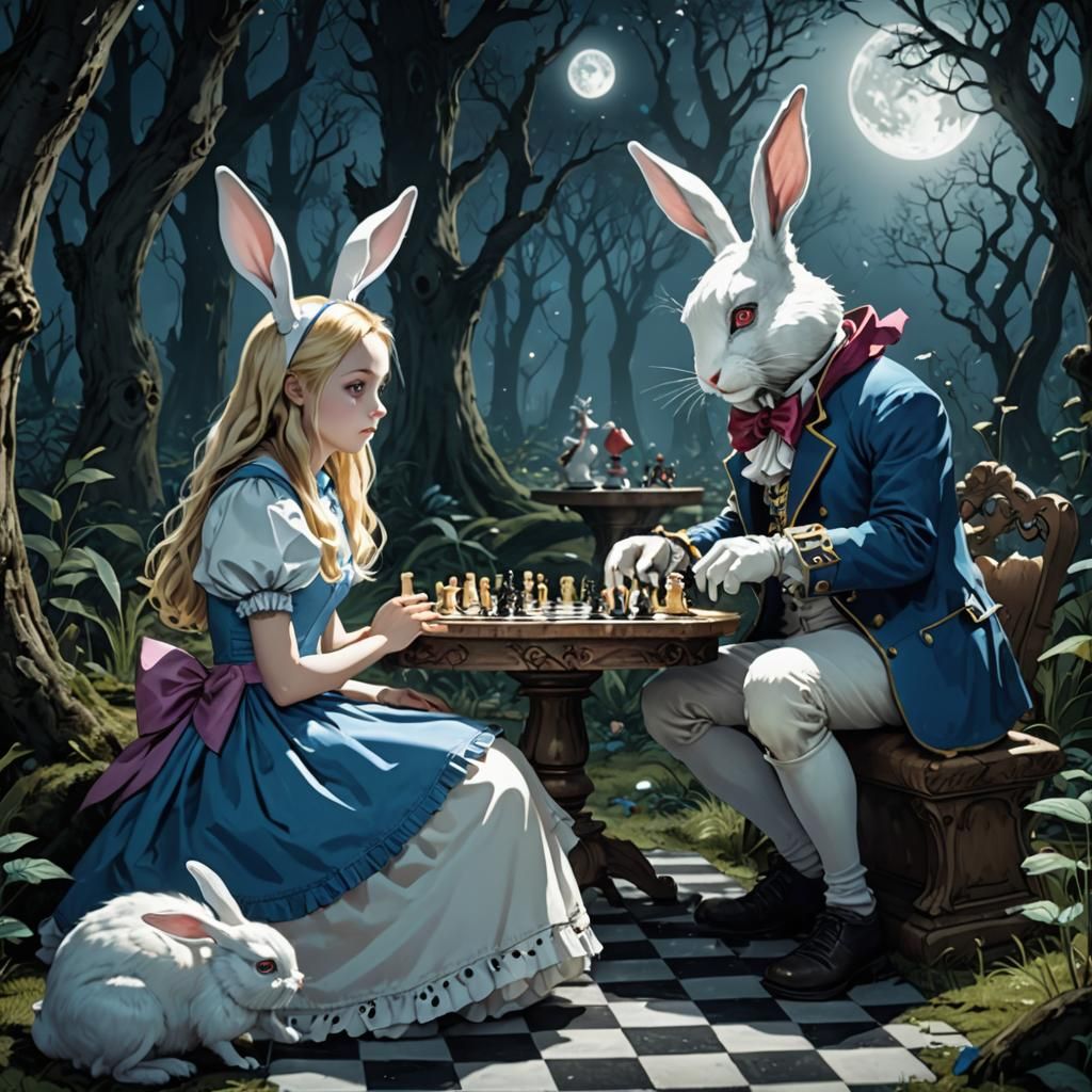 Alice in Wonderland Playing Chess with the White Rabbit  by @StellarSyd 