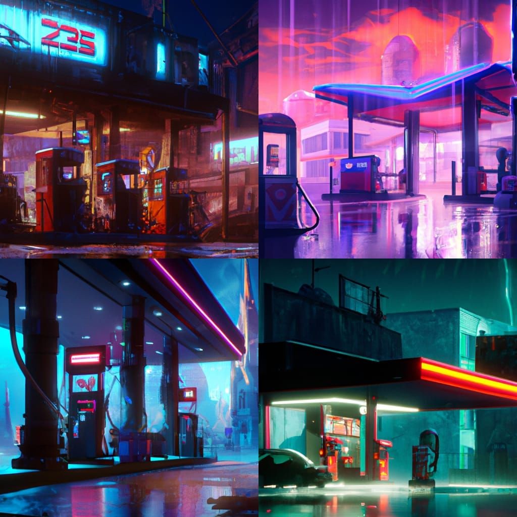 A gas station in a Cyberpunk cityscape near a university