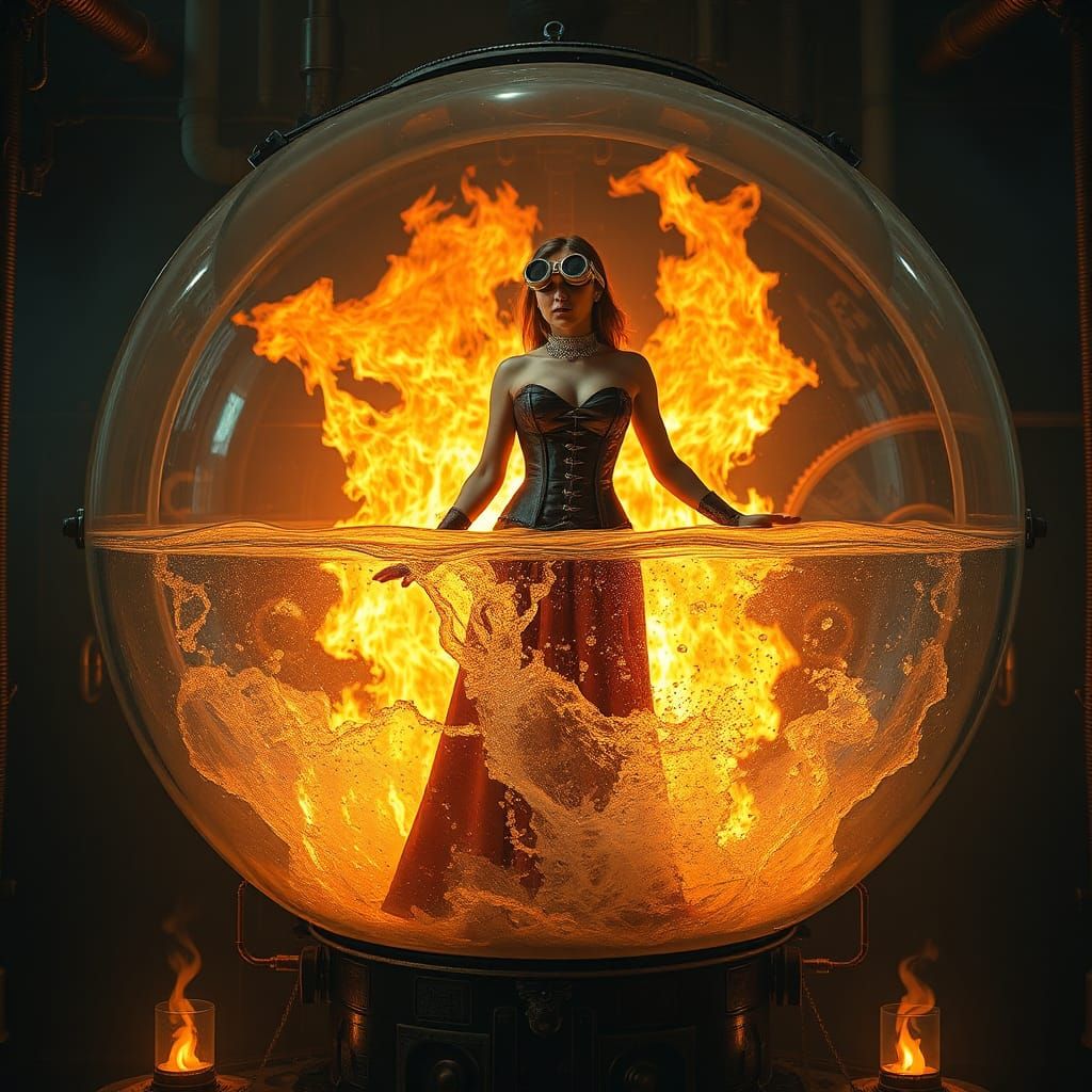 if water could not extinguish fire, and they were trapped in a glass sphere together steampunk engine