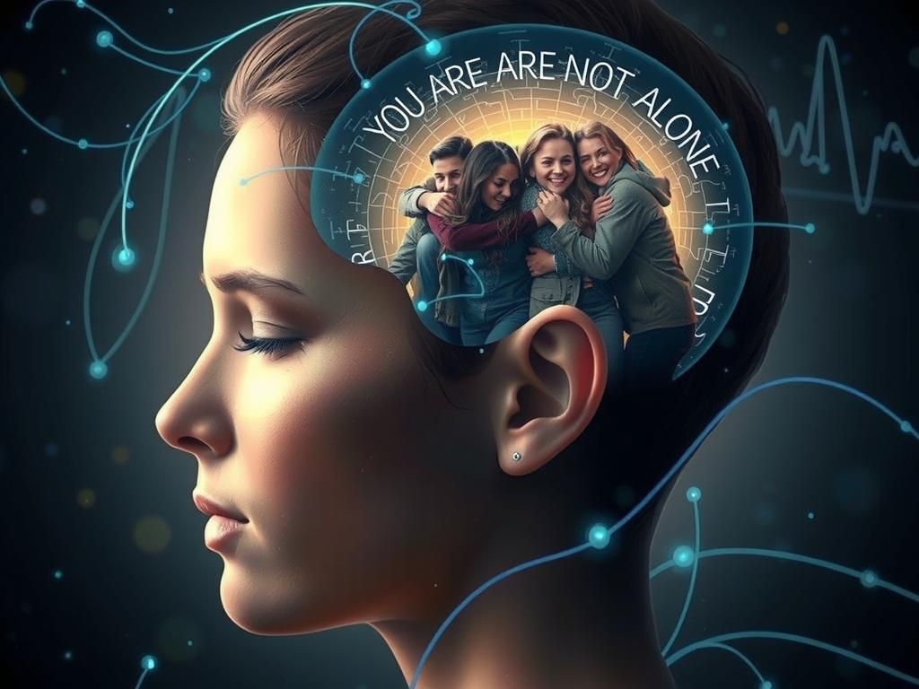 Close-up profile of a face, inside the mind, are some people hugging, in the background are electrical bioluminescent neuron pulses followin...