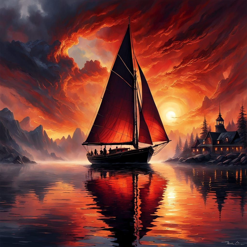 For World Photography Day: A sailboat with a dark hull and a bright fiery red sail, located on a calm ...  by @Barabashka