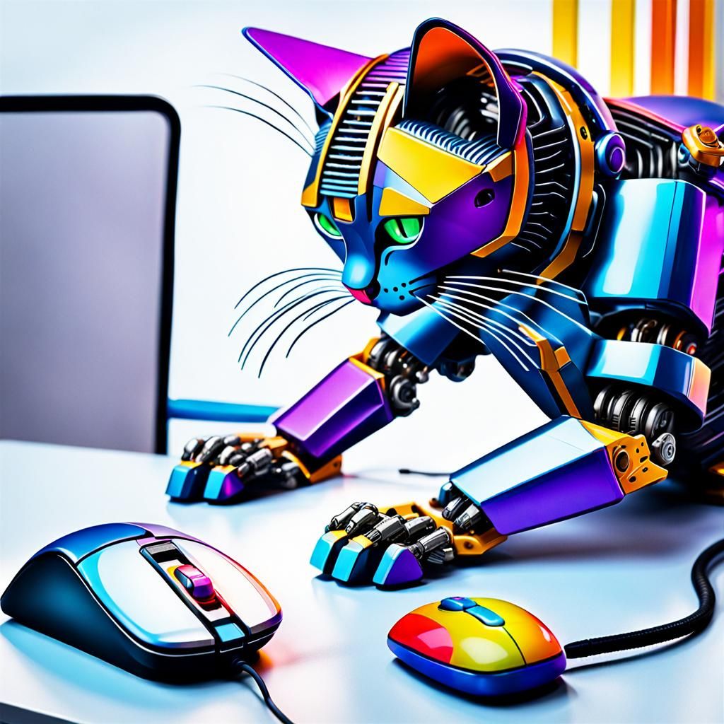 hyperdetailed robot cat playing with a highly detailed robot...