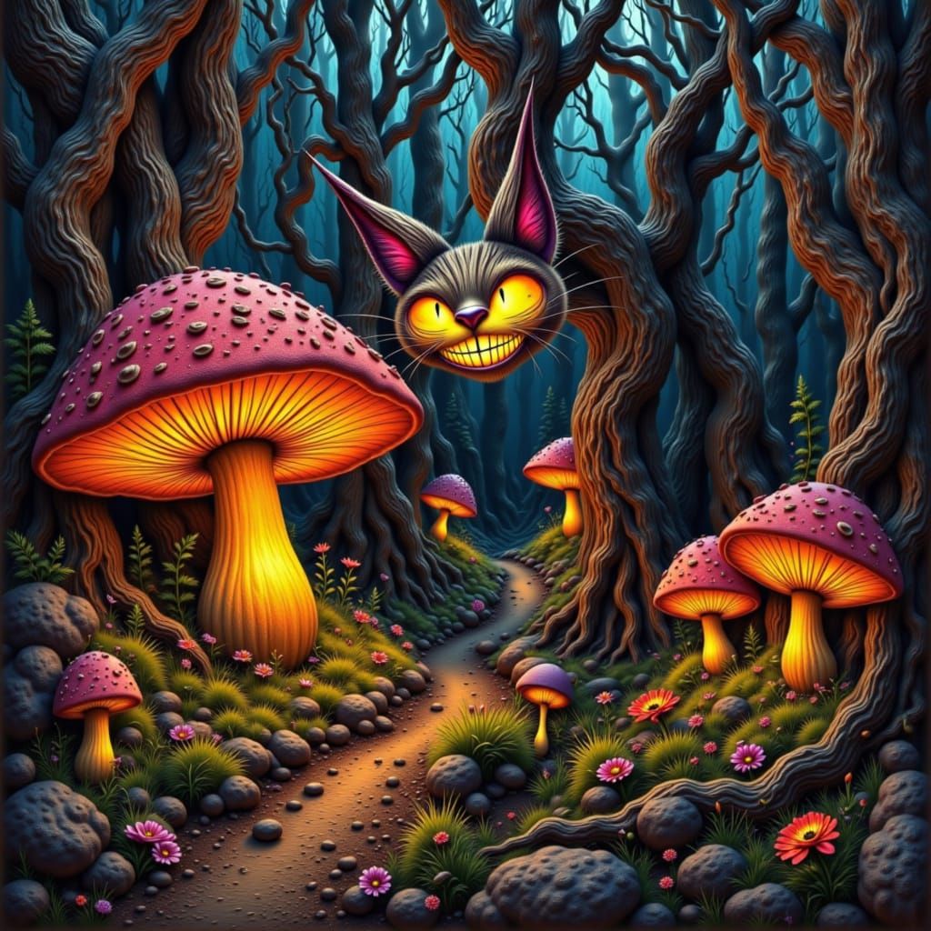 Surreal Twilight Forest with Floating Cheshire Grin