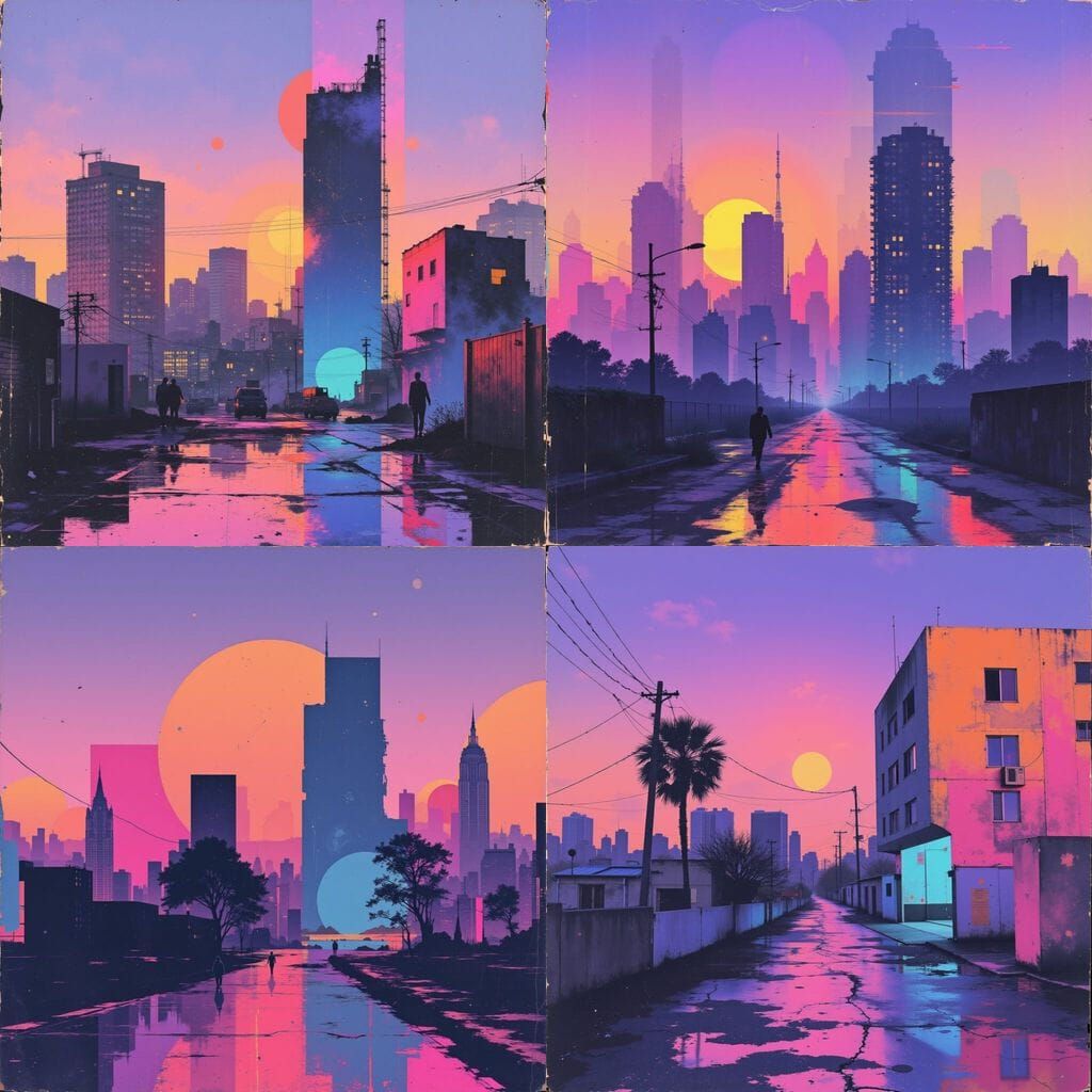 Abstract Cityscape at Golden Hour in Synthwave Style