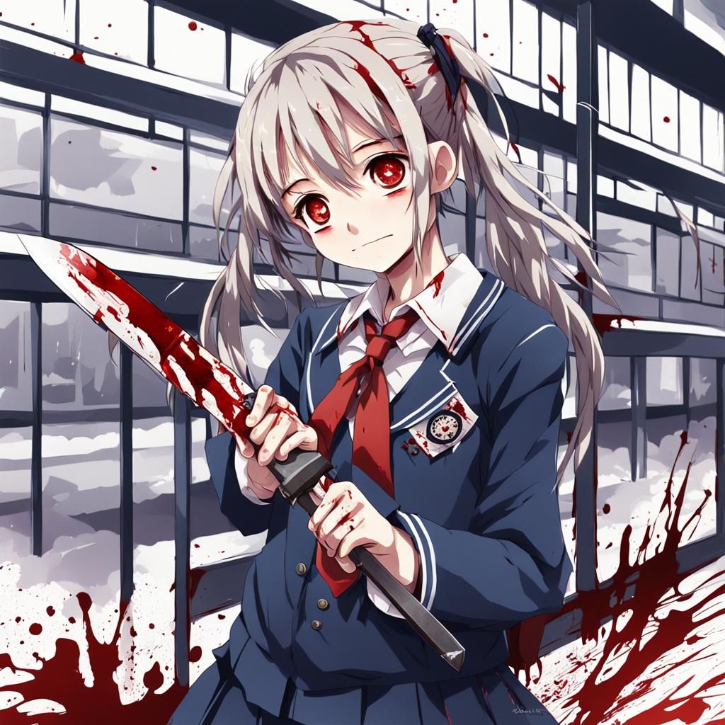 anime girl with a knife covered in blood in a school uniform