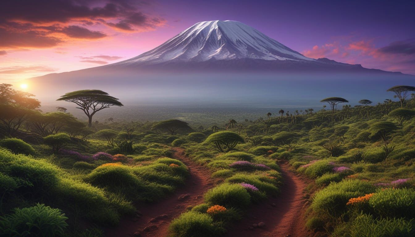  A breathtaking trail and pathway on Mount Kilimanjaro, Tanzania. The scene is rendered with realistic colors, featuring vibrant greens of ...
