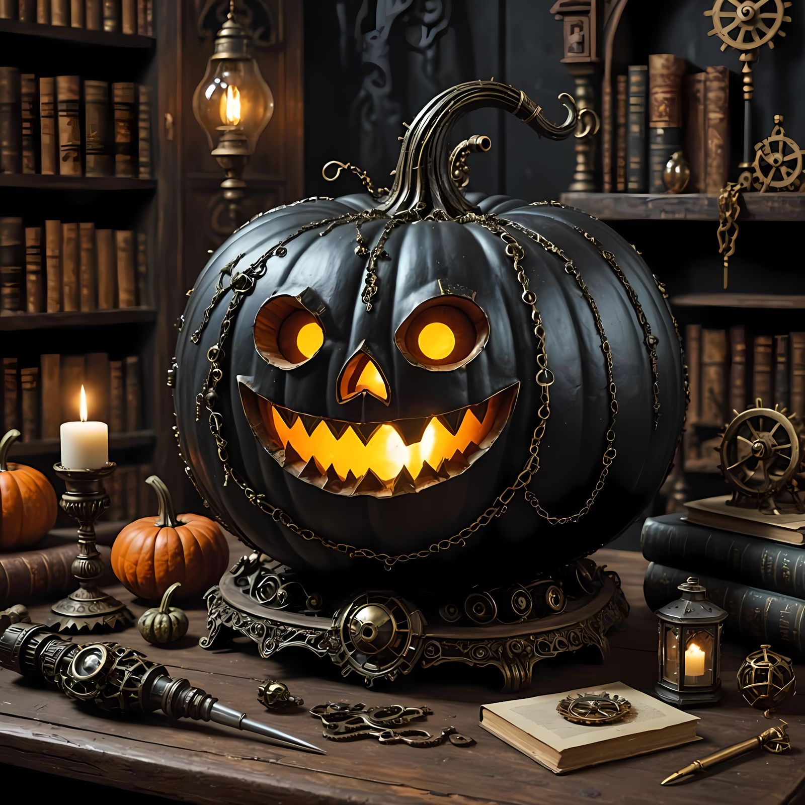 Gothic Steampunk Halloween with Glowing Pumpkin