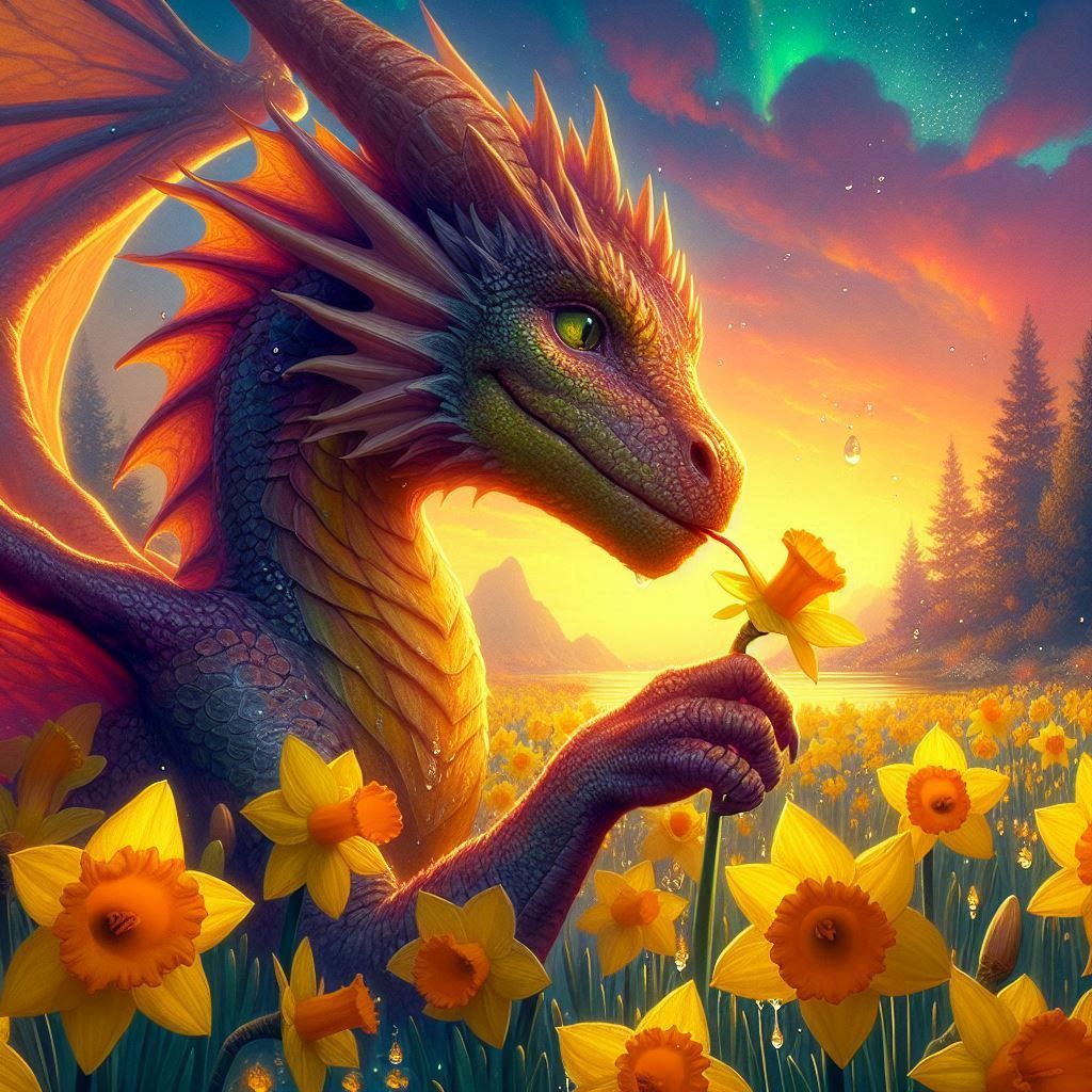 Dreamy dragons drink delightful daffodil dew during dusk.